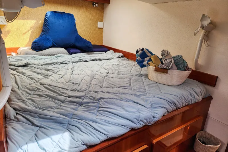 Slide: The Image of Interior of a 2001 Privilege 435 yacht with wooden stairs and paneling. - 73