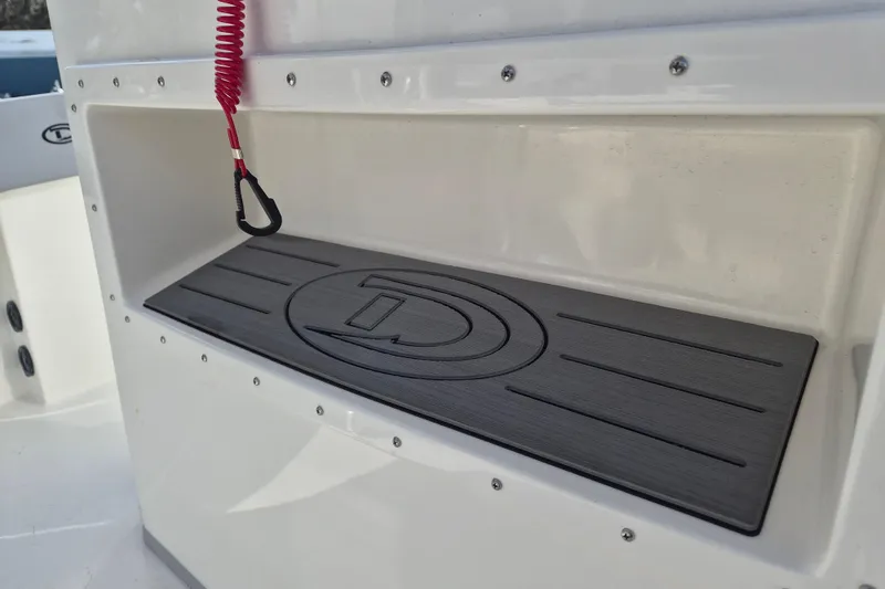 Slide: The Image of 2026 Defiance Catalina 240 boat detail with safety lanyard and branded mat. - 14