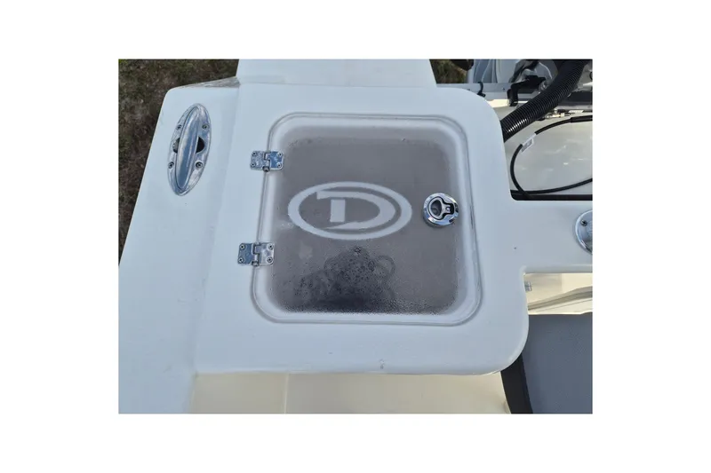 Slide: The Image of 2026 Defiance Catalina 240 boat hatch with logo and latch detail. - 7