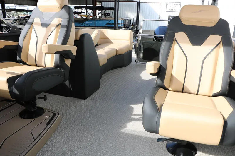 Slide: The Image of Luxurious interior seating of 2026 Evotti 725QL boat with beige and black design. - 45