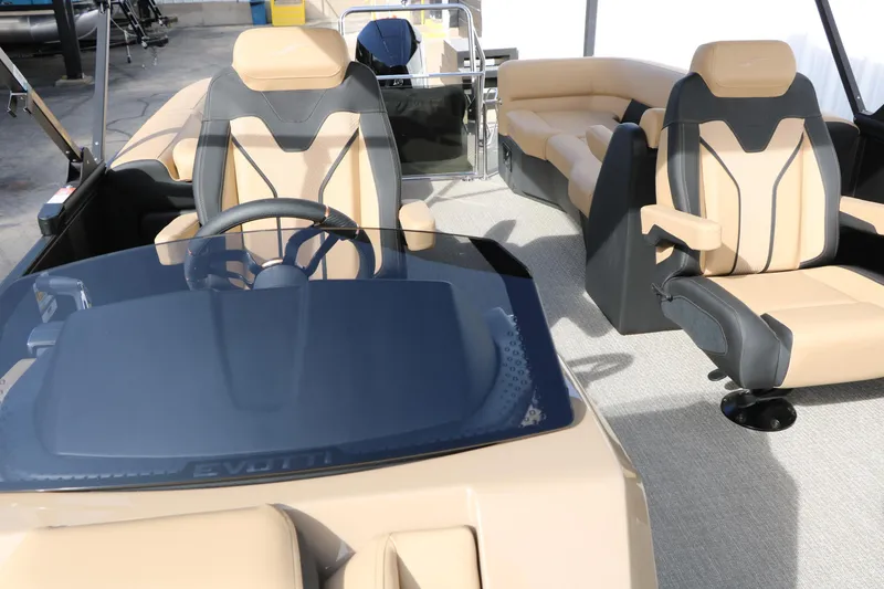 Slide: The Image of Luxurious interior of 2026 Evotti 725QL boat with modern seating and steering console. - 47