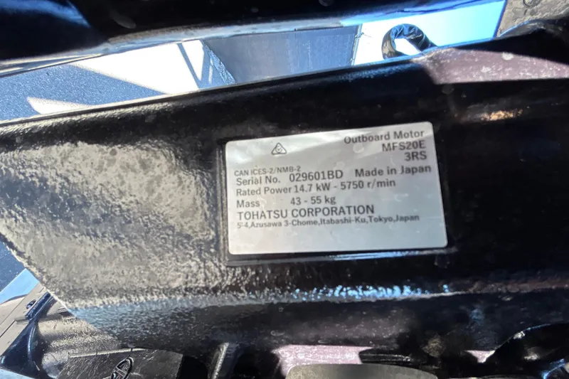 Slide: The Image of Tohatsu outboard motor nameplate, model MFS20E, 14.7 kW, made in Japan. - 44