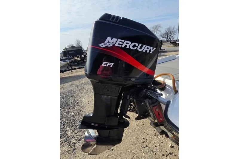 Slide: The Image of 2001 Bass Cat Cougar with Mercury EFI outboard motor, parked on gravel. - 10
