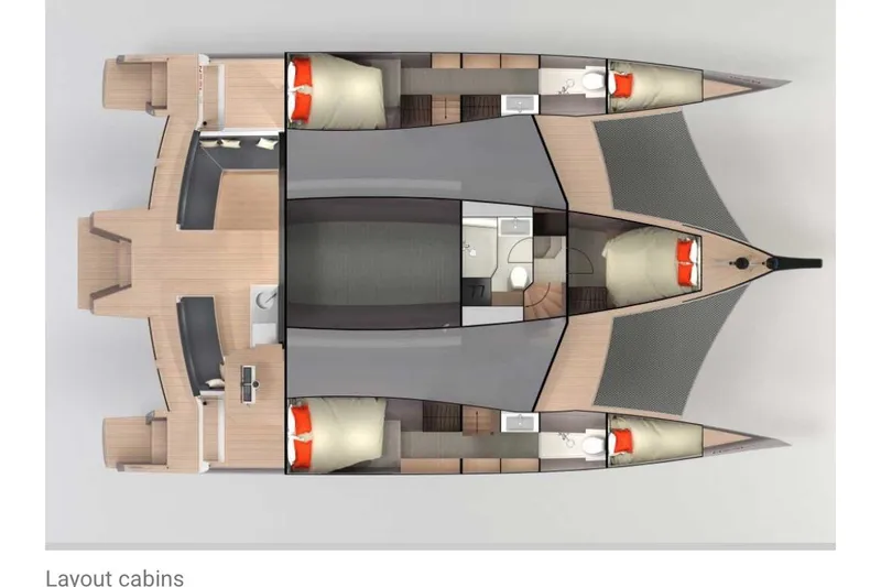 Slide: The Image of Top view of NEEL 51 trimaran cabin layout, 2020 model, showing bedrooms and bathrooms. - 30
