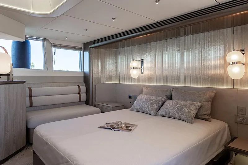 Slide: The Image of Manufacturer Provided Image: Luxurious bedroom interior of 2025 Galeon 620 FLY yacht with modern decor and ambient lighting. - 10