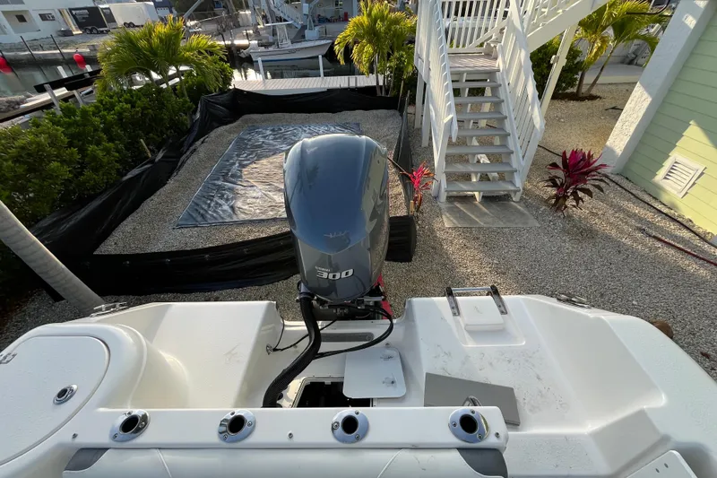 Slide: The Image of 2017 Tidewater 230 CC Adventure boat with Yamaha 300 engine, docked near a staircase. - 19