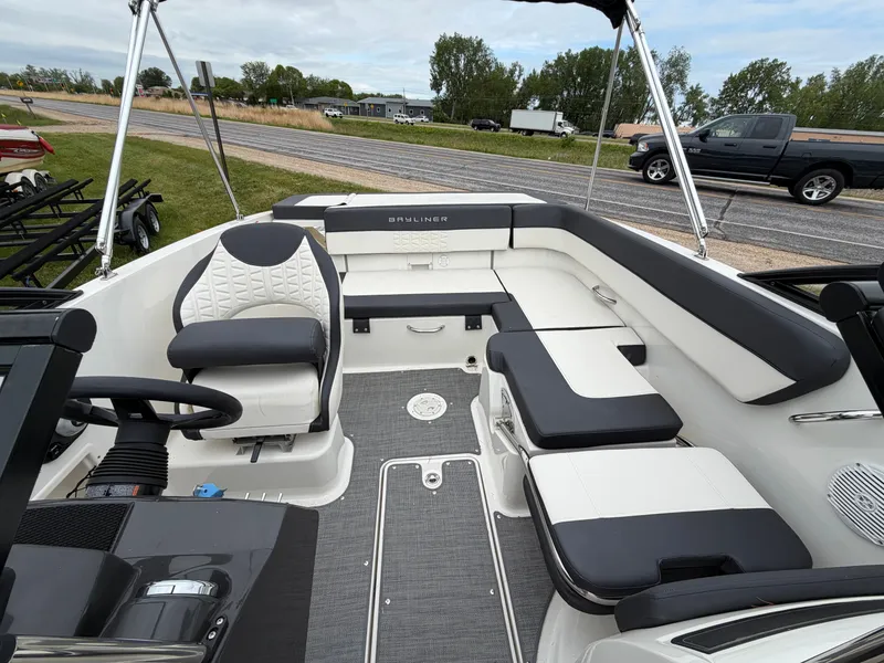 Slide: The Image of Interior of a 2019 Bayliner V45 boat with seating area. - 26