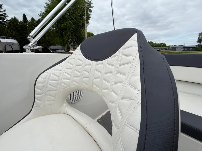 Slide: The Image of Close-up of a 2019 Bayliner V45 seat with quilted design. - 32