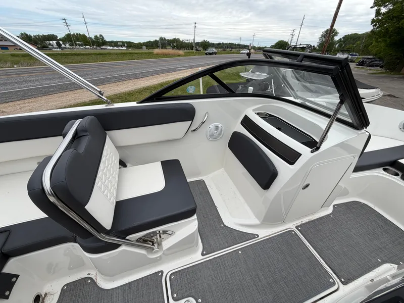 Slide: The Image of Interior of a 2019 Bayliner V45 boat with modern seating. - 22