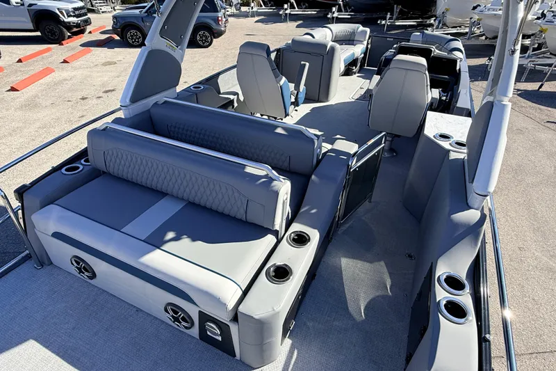 Slide: The Image of 2026 Avalon 2585 Excalibur LTD Flex Lounge Tri Toon boat with luxurious seating and modern design. - 11
