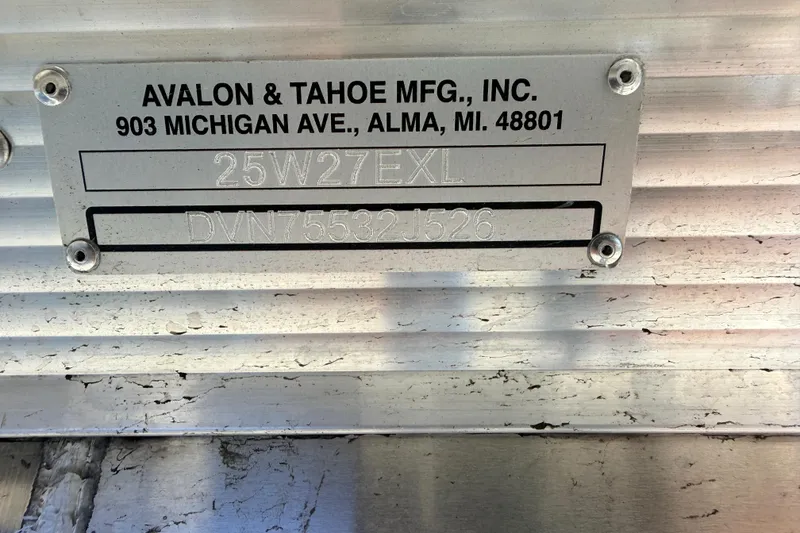 Slide: The Image of Metal identification plate for Avalon 2585 Excalibur LTD Flex Lounge, 2026 model, Alma, MI. - 31