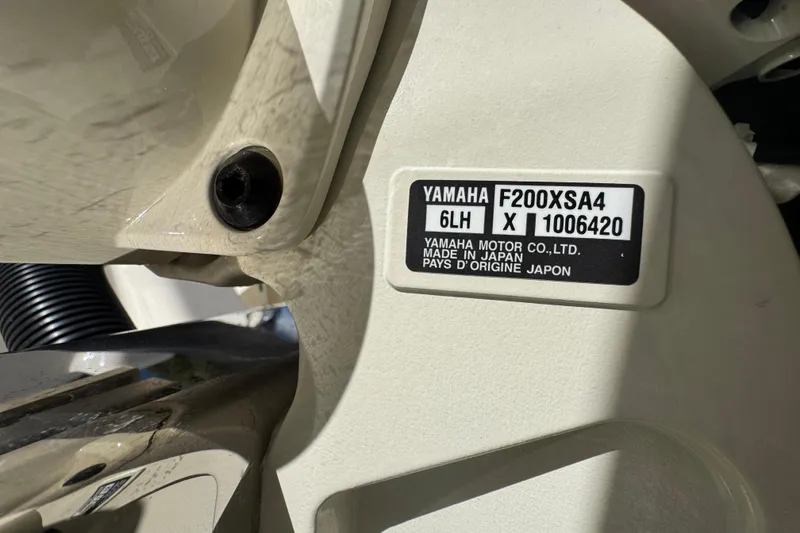 Slide: The Image of Yamaha motor label on 2025 Scout 260 LXF boat, model F200XSA4, made in Japan. - 38
