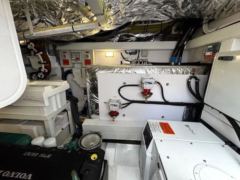 Slide: The Image of The engine room of a 2020 Princess V50, featuring engines and technical equipment. - 47