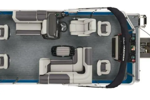 Slide: The Image of 2026 Sun Tracker Fishin' Barge 20 DLX pontoon boat, top view, spacious seating layout. - 3