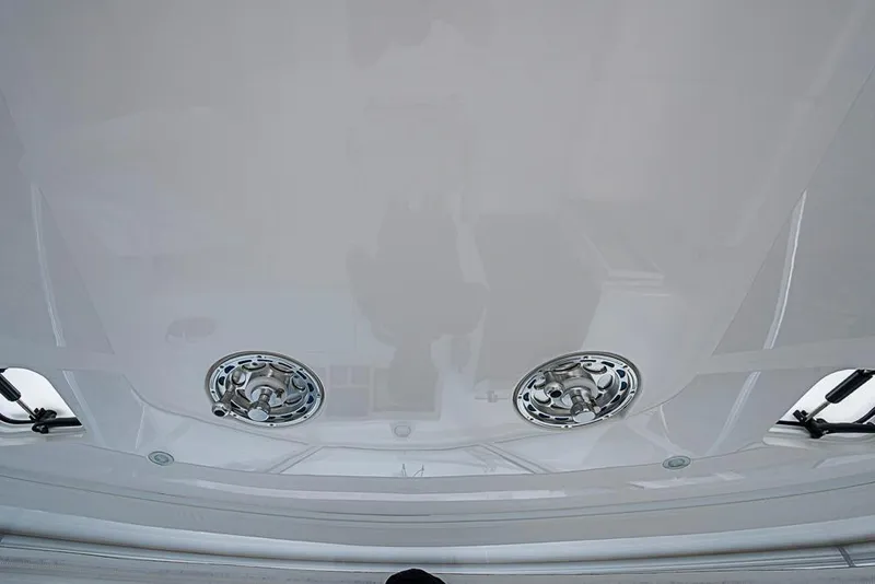 Slide: The Image of 2021 Viking 38 Open boat deck with chrome fixtures and sleek design. - 43