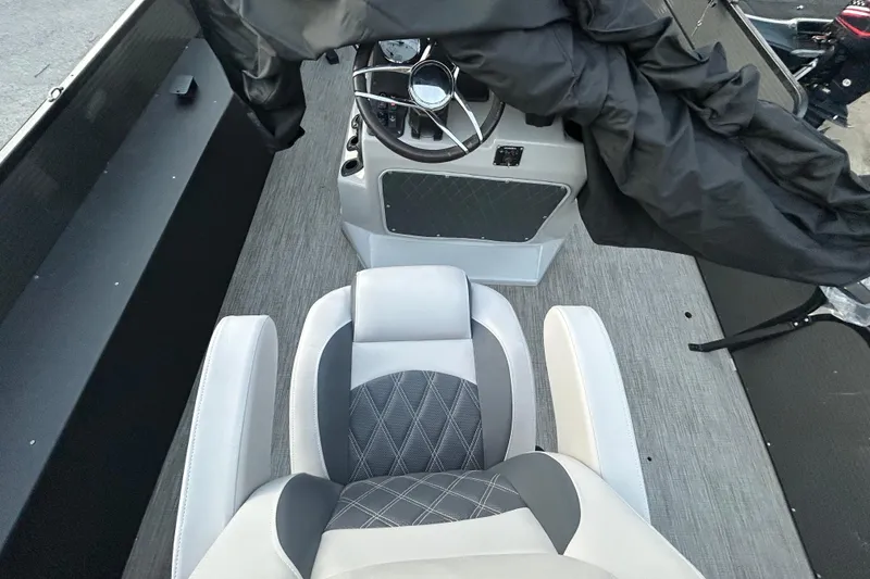 Slide: The Image of 2018 Misty Harbor 210 RF pontoon boat with Honda outboard motor on trailer. - 14