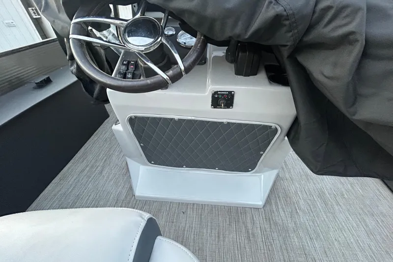 Slide: The Image of 2018 Misty Harbor 210 RF pontoon boat on trailer with Honda outboard motor. - 15