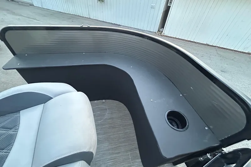 Slide: The Image of 2018 Misty Harbor 210 RF pontoon boat with Honda outboard motor on trailer. - 8