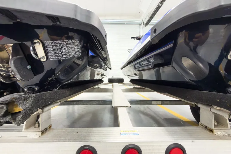 Slide: The Image of 2018 Yamaha WaveRunner EX Deluxe on trailer, close-up view of underside details. - 12
