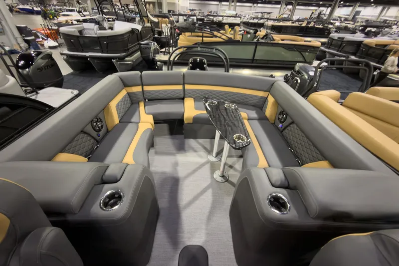 Slide: The Image of Luxurious interior of 2026 Godfrey Monaco 255 Ultra Lounge pontoon boat with plush seating. - 21