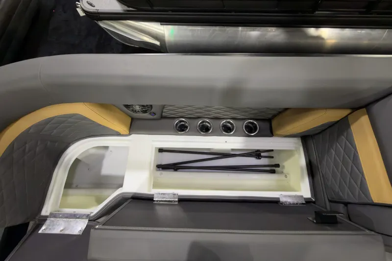 Slide: The Image of Interior view of 2026 Godfrey Monaco 255 Ultra Lounge, featuring luxurious seating and storage. - 9