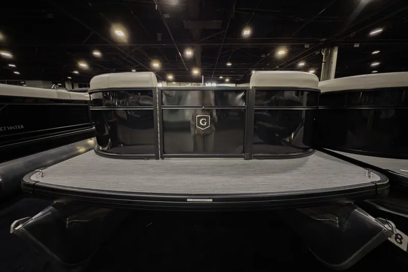 Slide: The Image of 2026 Godfrey Sweetwater Xperience 20' Split Bench Pontoon, sleek design, indoor display. - 27