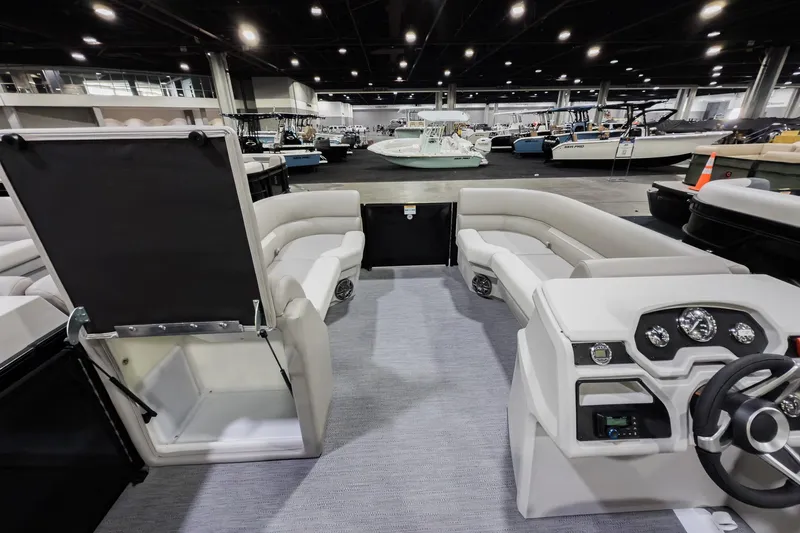 Slide: The Image of 2026 Godfrey Sweetwater Xperience 20' Split Bench Pontoon interior at a boat show. - 34