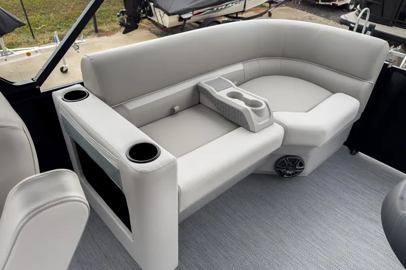 Slide: The Image of Luxurious seating on 2026 Godfrey Sweetwater Xperience 20' Split Bench Pontoon, featuring cup holders. - 14