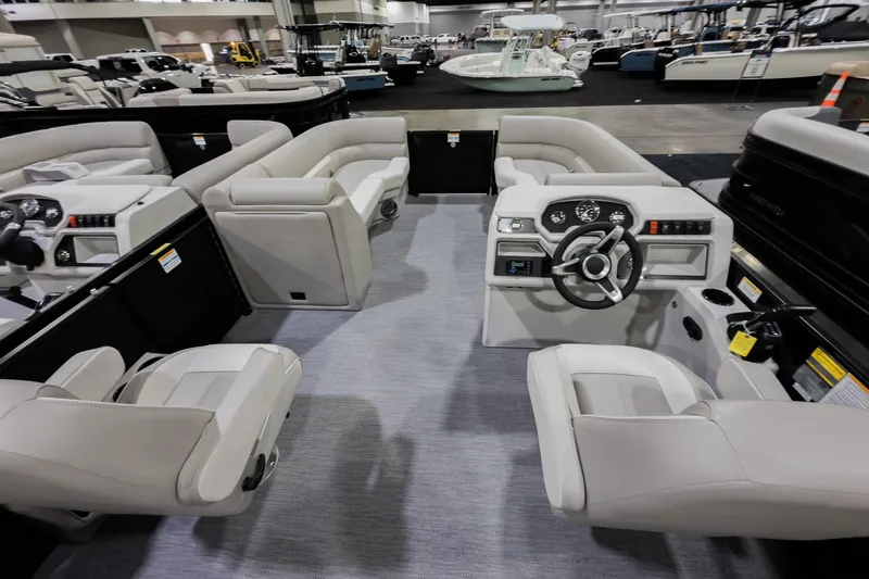 Slide: The Image of 2026 Godfrey Sweetwater Xperience 20' Split Bench Pontoon interior with modern seating and controls. - 33