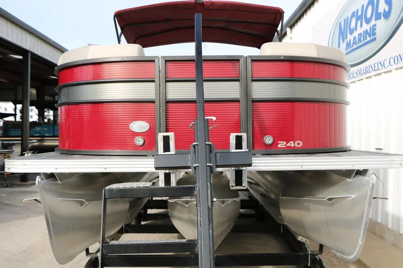 Slide: The Image of 2019 Crest II 240 SL pontoon boat in red, displayed at Nichols Marine. - 5