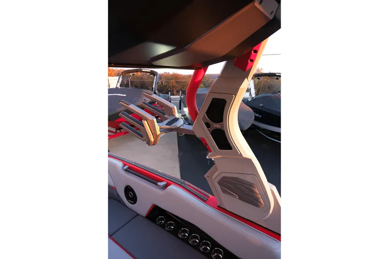 Slide: The Image of 2025 Supra SE boat interior with advanced wakeboard rack and sleek design. - 15