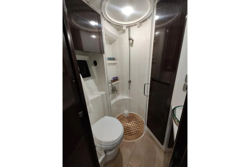 Slide: The Image of Luxurious bathroom in 2017 Sea Ray Sundancer 400 yacht with modern fixtures and shower. - 24