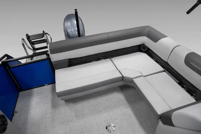 Slide: The Image of 2026 Veranda VR235L pontoon boat interior with gray seating and modern design. - 8