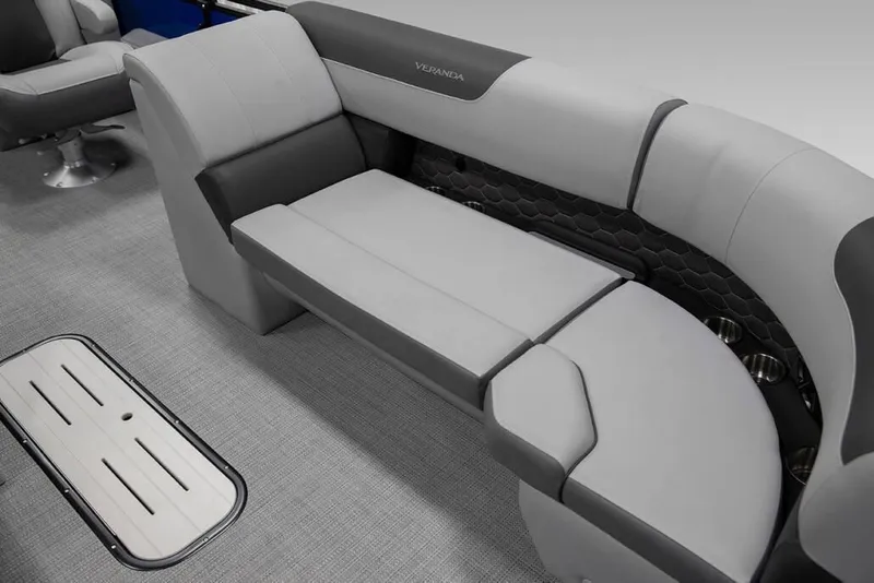 Slide: The Image of 2026 Veranda VR235L boat interior with sleek gray seating and modern design. - 3