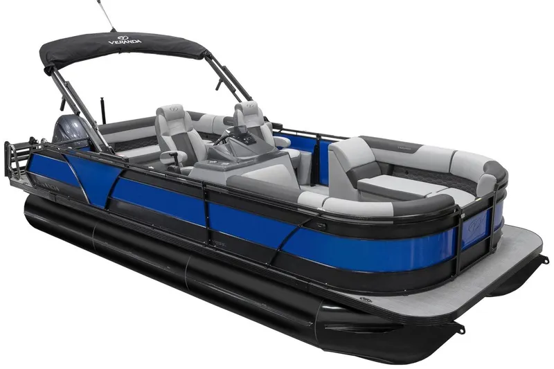 Slide: The Image of 2026 Veranda VR235L pontoon boat, blue and black design, spacious seating, modern features. - 0