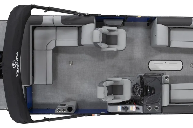 Slide: The Image of Top view of 2026 Veranda VR235L pontoon boat with gray seating and helm. - 1