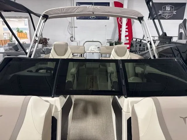 Slide: The Image of Tahoe Cascade Quad Lounge Shift Windshield Tritoon 23 FT 2025 - 4