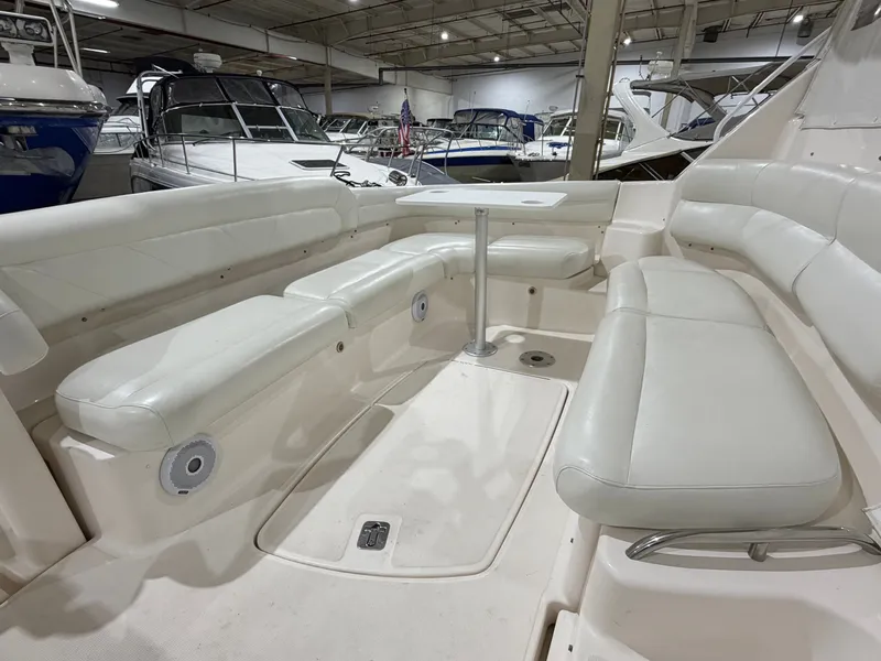 Slide: The Image of Interior of a 2008 Tiara Yachts 4300 Sovran with white leather seating. - 5