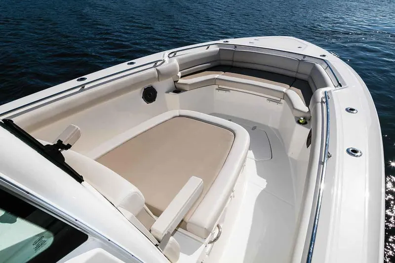 Slide: The Image of Manufacturer Provided Image: 2020 Boston Whaler 330 Outrage boat interior with cushioned seating. - 14
