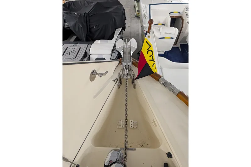 Slide: The Image of 2005 Hinckley Picnic Boat 36 EP anchor and flag detail in marina setting. - 45