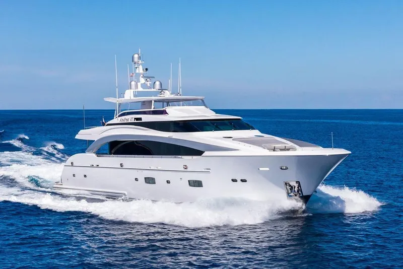 Slide: The Image of Luxurious 2014 Horizon RP 110 yacht cruising on open sea under clear blue sky. - 0