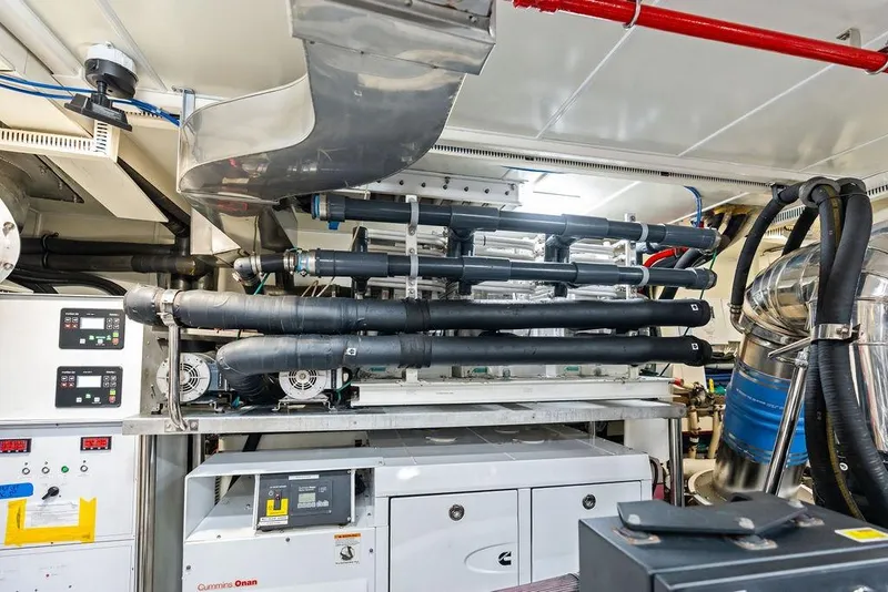 Slide: The Image of Engine room of 2014 Horizon RP 110 yacht with complex piping and machinery. - 108