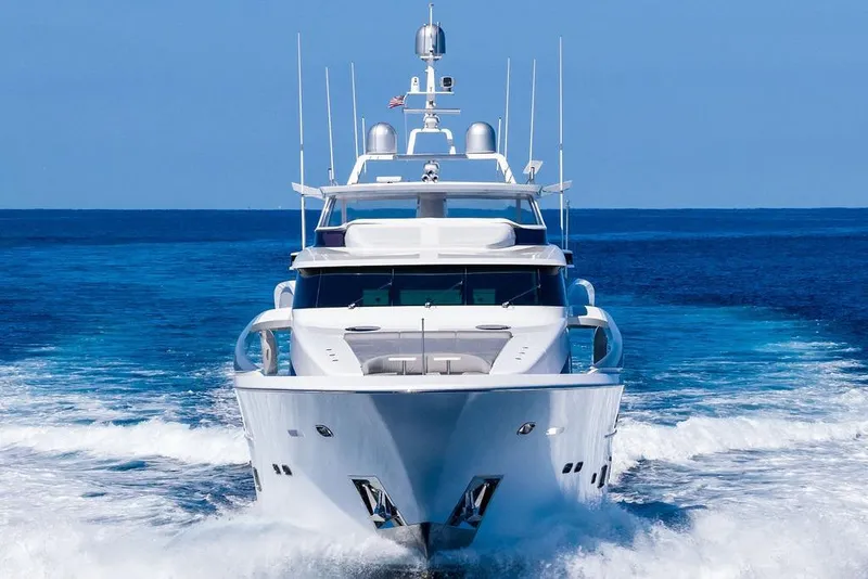 Slide: The Image of Luxurious 2014 Horizon RP 110 yacht cruising on open blue sea. - 14