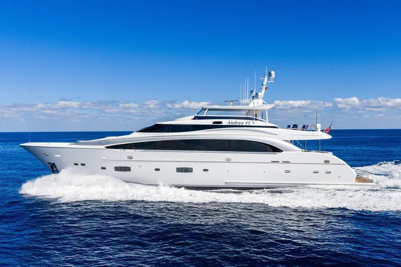 Slide: The Image of Luxurious 2014 Horizon RP 110 yacht cruising on open sea under clear blue sky. - 17