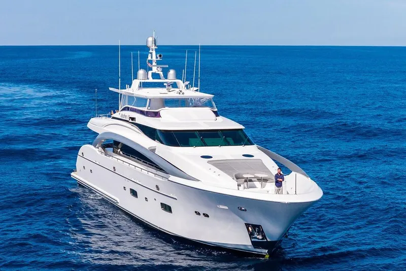 Slide: The Image of Luxurious 2014 Horizon RP 110 yacht cruising on open blue sea. - 19