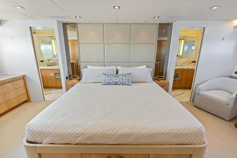 Slide: The Image of Luxurious bedroom interior on 2014 Horizon RP 110 yacht, featuring elegant design and modern amenities. - 42