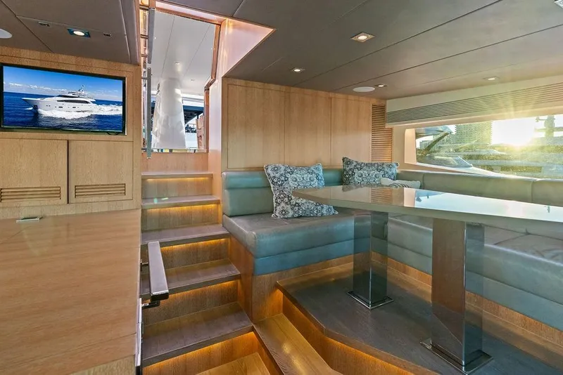 Slide: The Image of Luxurious interior of 2014 Horizon RP 110 yacht with modern seating and ambient lighting. - 92