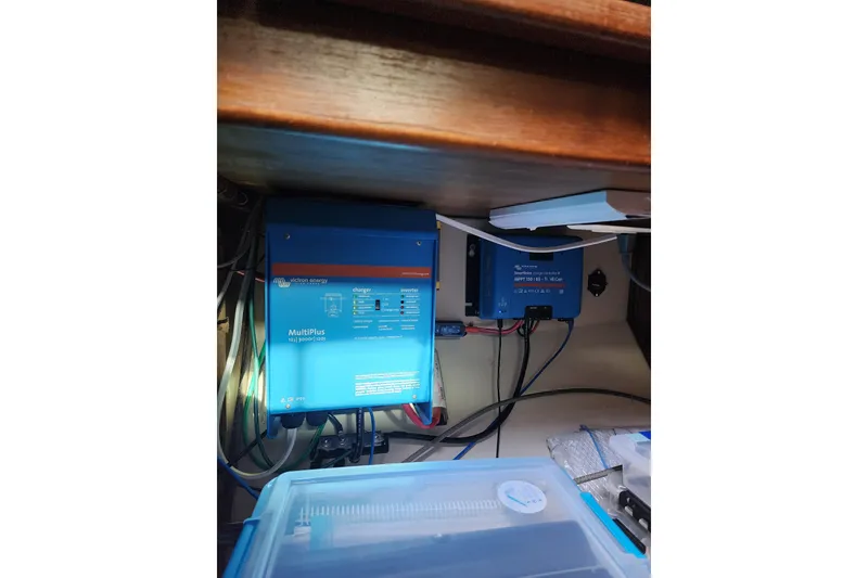Slide: The Image of Electrical system setup on a 1987 Irwin 44 sailboat, featuring Victron Energy components. - 39