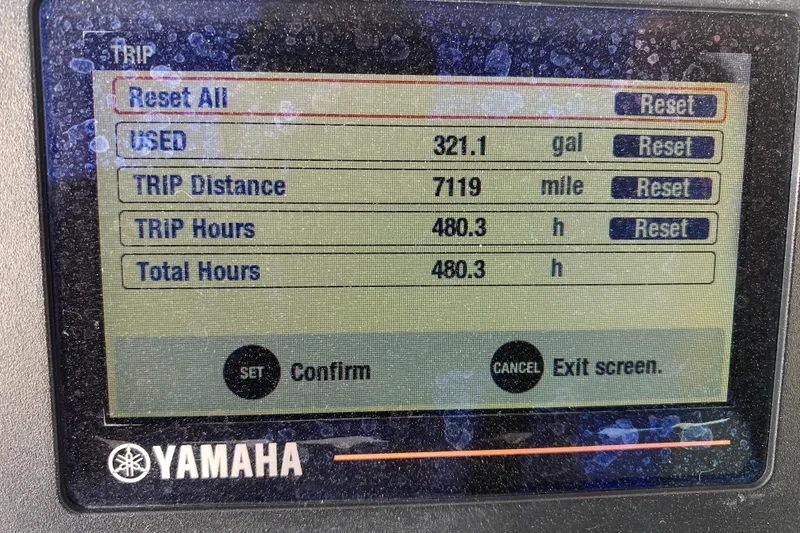 Slide: The Image of Yamaha trip display showing fuel usage, distance, and hours for 2017 Pathfinder 2400 TRS. - 15