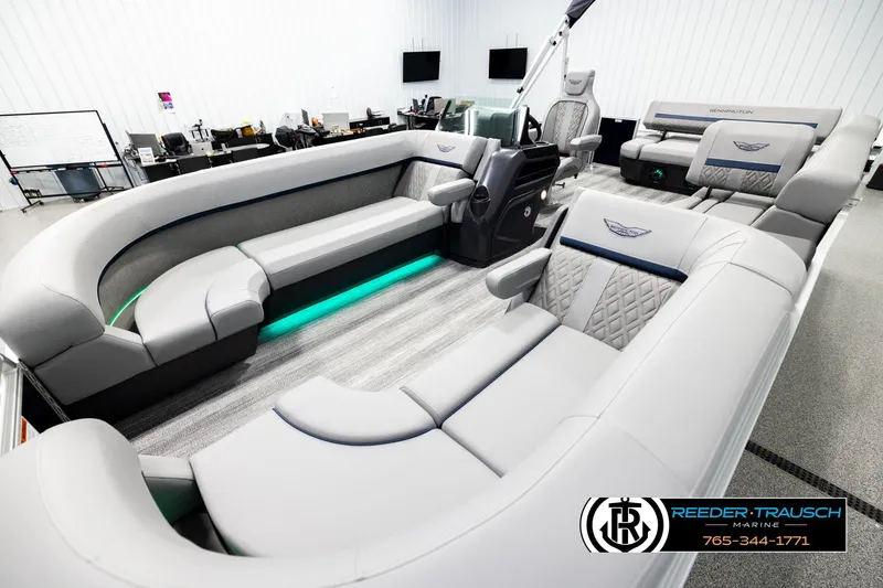 Slide: The Image of Luxurious interior of 2026 Bennington MLSF pontoon boat with plush seating and modern design. - 10